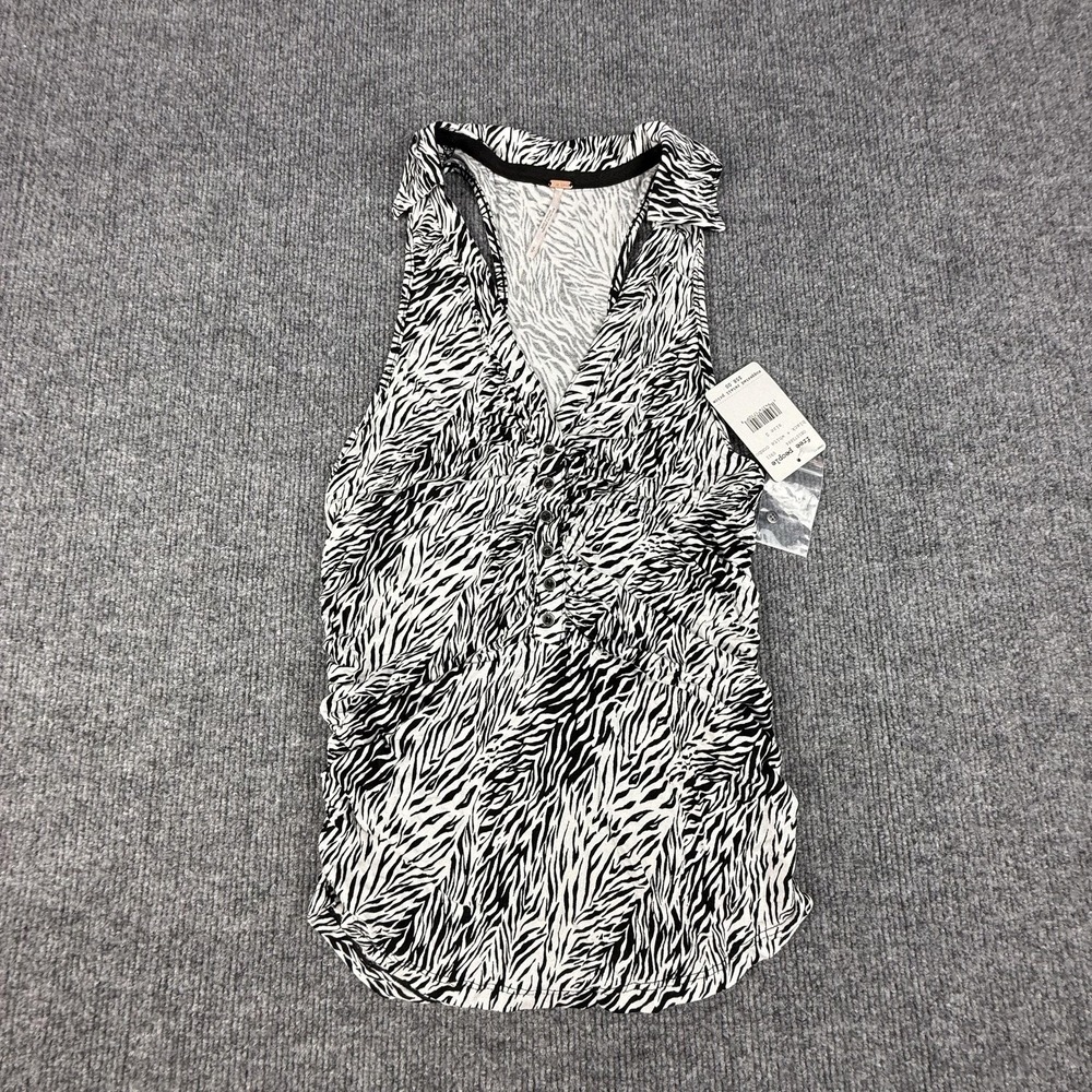 Free People Tank Top Womens Small Black White Animal Print Henley Ruched‎ Jersey